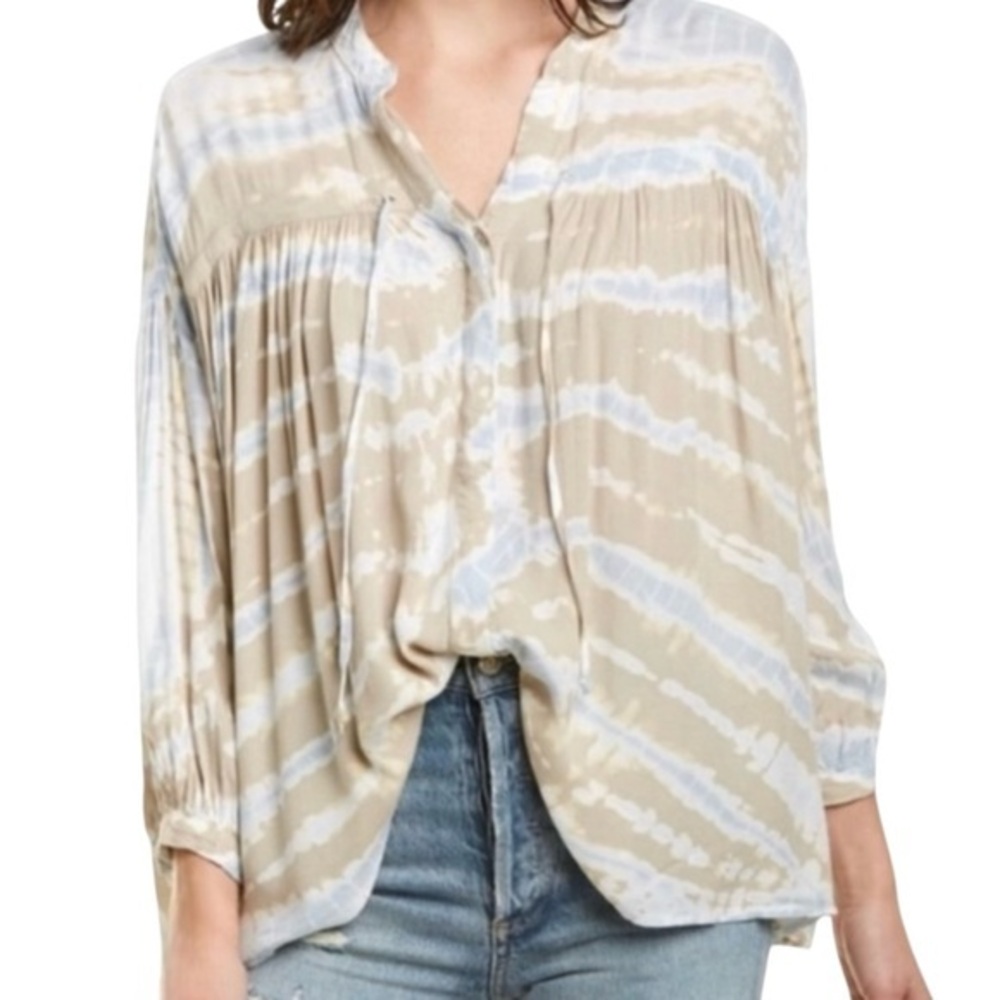 Young Fabulous & Broke Blue and Beige Tie Dye Long Sleeve Peasant Blouse